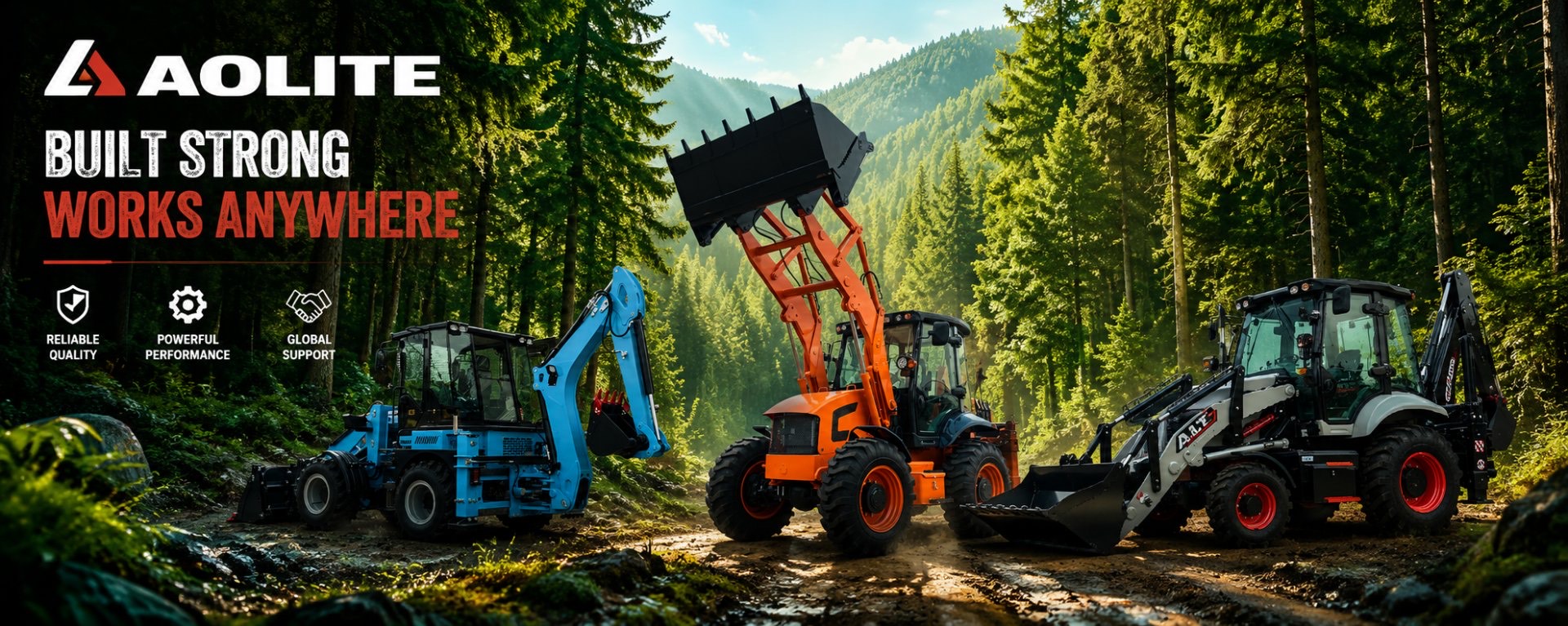 AOLITE brand banner showing three backhoe loaders working in forest and mud under the message Built Strong, Works Anywhere