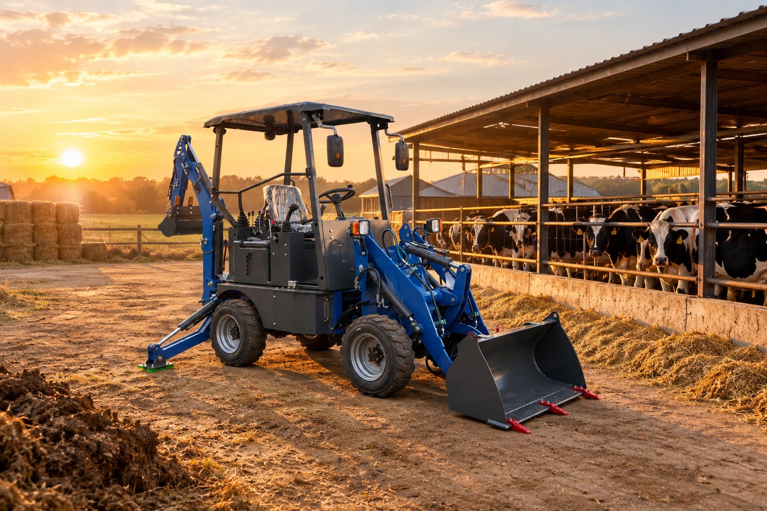 A compact mini backhoe loader with a front loader bucket working in a dairy farm yard at sunset, cattle in the barn behind it