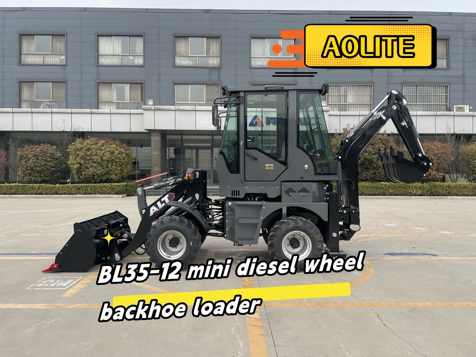 BL35-12 mini diesel wheel backhoe loader photographed in front of the AOLITE factory building