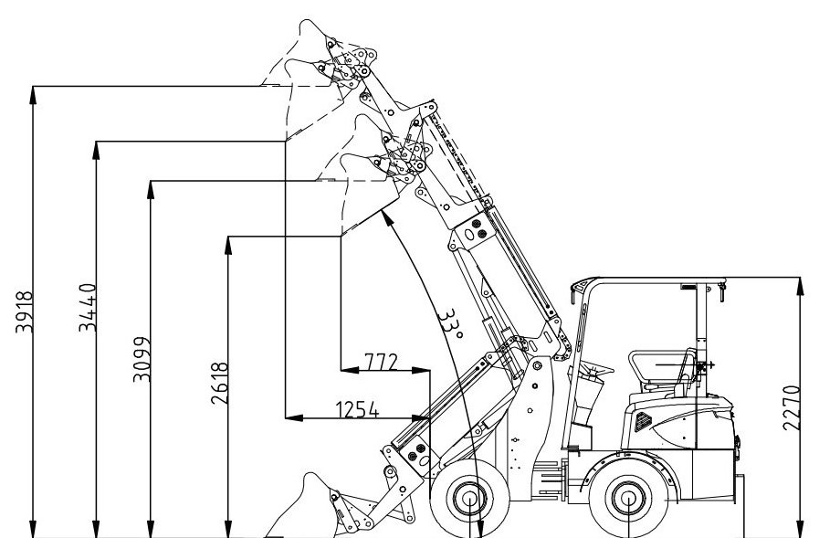 TL800 telescopic arm wheel loader dimensional drawing showing 4,290 mm length, 2,270 mm height, 1,380 mm wheelbase, 33 degree dumping angle and lift heights up to 3,918 mm